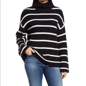 Caslon Shaker Knit Mock Neck Sweater Black and Ivory White Stripe XS NWT